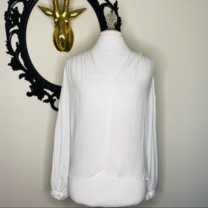 Black Swan White Sheer V Neck Long Sleeve Blouse